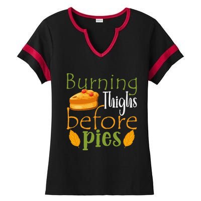 Thanksgiving Burning Thighs Before Pies Funny Turkey Workout Ladies Halftime Notch Neck Tee