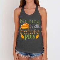 Thanksgiving Burning Thighs Before Pies Funny Turkey Workout Women's Knotted Racerback Tank