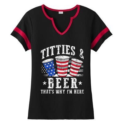 Titties & Beer Thats Why Im Here Red White And Blue Shots Ladies Halftime Notch Neck Tee