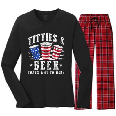 Titties & Beer Thats Why Im Here Red White And Blue Shots Women's Long Sleeve Flannel Pajama Set 