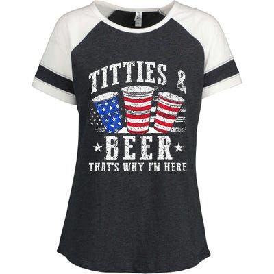 Titties & Beer Thats Why Im Here Red White And Blue Shots Enza Ladies Jersey Colorblock Tee