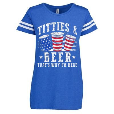 Titties & Beer Thats Why Im Here Red White And Blue Shots Enza Ladies Jersey Football T-Shirt