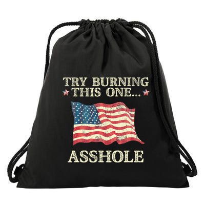 Try Burning This One Asshole American Flag Vintage Drawstring Bag