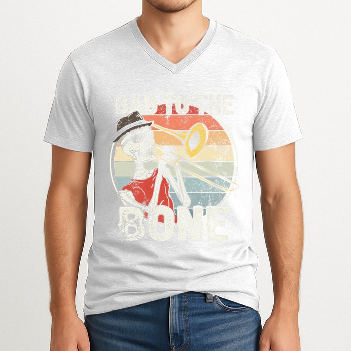 Trombone Bad To The Bone Retro Skeleton Marching Band Player V-Neck T-Shirt