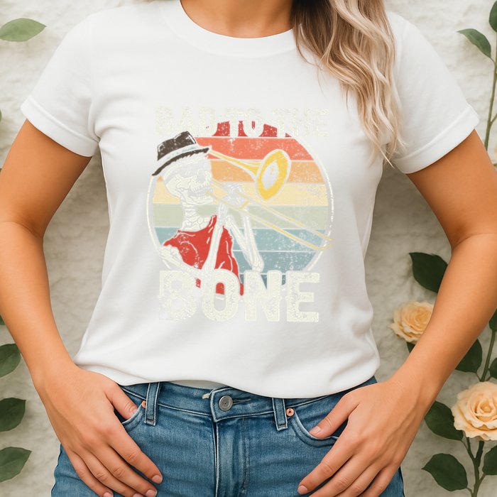 Trombone Bad To The Bone Retro Skeleton Marching Band Player Womens T-Shirt