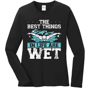 The Best Things In Life Are Wet Backprint Funny Swimming Ladies Long Sleeve Shirt