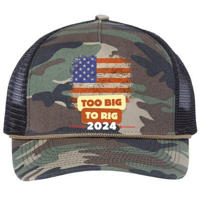 Too Big To Rig Trump Funny Quote 2024 Elections Saying Trump Retro Rope Trucker Hat Cap