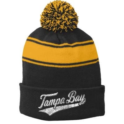 Tampa Bay Varsity Script Classic Sports Jersey Style Stripe Pom Pom Beanie