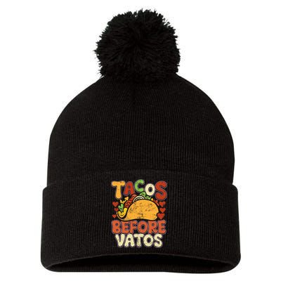 Tacos Before Vatos Funny Vintage Mexican Chicano Pom Pom 12in Knit Beanie