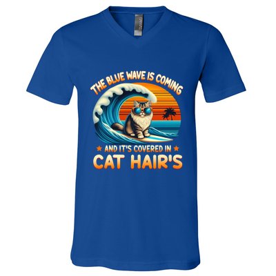 The Blue Wave Is Coming And ItS Covered In Cat Hairs Kamala Cute Gift V-Neck T-Shirt