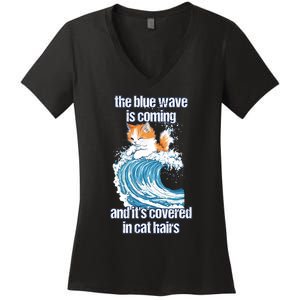 The Blue Wave Is Coming Covered In Cat Hairs Funny Kamala Women's V-Neck T-Shirt