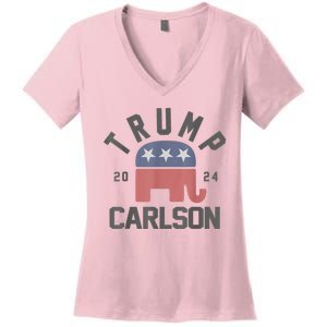 Trump Carlson 2024 President Election Pro America US Flag Women's V-Neck T-Shirt