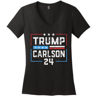 Trump Carlson 2024 President Election Pro America US Flag Women's V-Neck T-Shirt