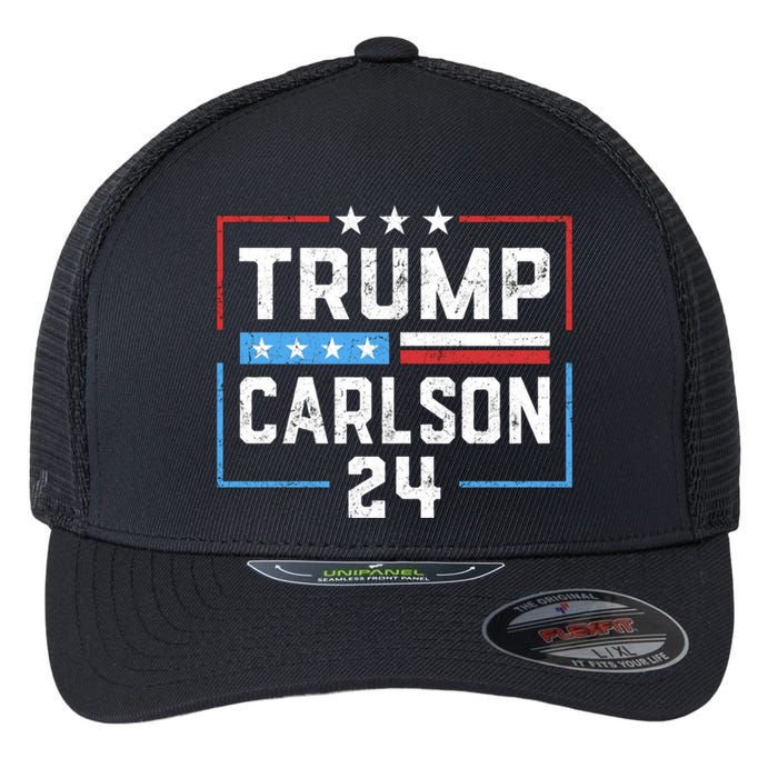 Trump Carlson 2024 President Election Pro America US Flag Flexfit Unipanel Trucker Cap