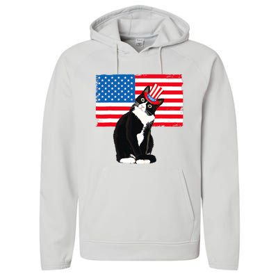 Tuxedo Cat 4th Of July Patriotic Tee Gifts Performance Fleece Hoodie