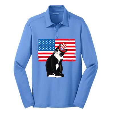 Tuxedo Cat 4th Of July Patriotic Tee Gifts Silk Touch Performance Long Sleeve Polo