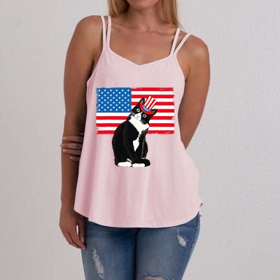 Tuxedo Cat 4th Of July Patriotic Tee Gifts Women's Strappy Tank