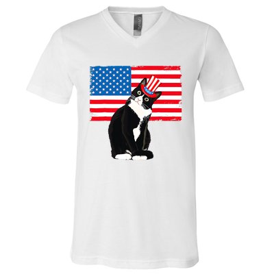 Tuxedo Cat 4th Of July Patriotic Tee Gifts V-Neck T-Shirt