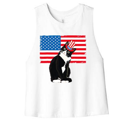 Tuxedo Cat 4th Of July Patriotic Tee Gifts Women's Racerback Cropped Tank