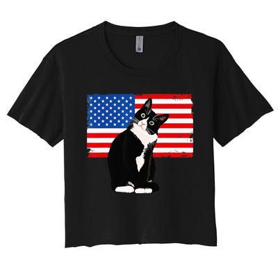 Tuxedo Cat 4th of July Patriotic Tee Women's Crop Top Tee