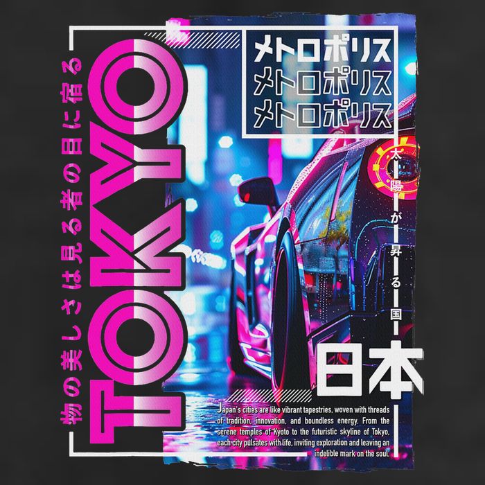 Tokyo City 80s Synthwave Racing Car Japan Tokyo 7 Panel Mesh Trucker Snapback Hat