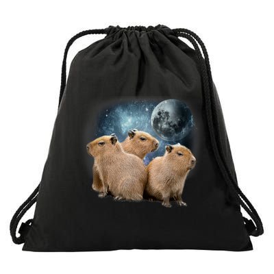 Three Capybaras And Moon Funny Capybara Humor Parody Drawstring Bag