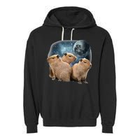 Three Capybaras And Moon Funny Capybara Humor Parody Garment-Dyed Fleece Hoodie