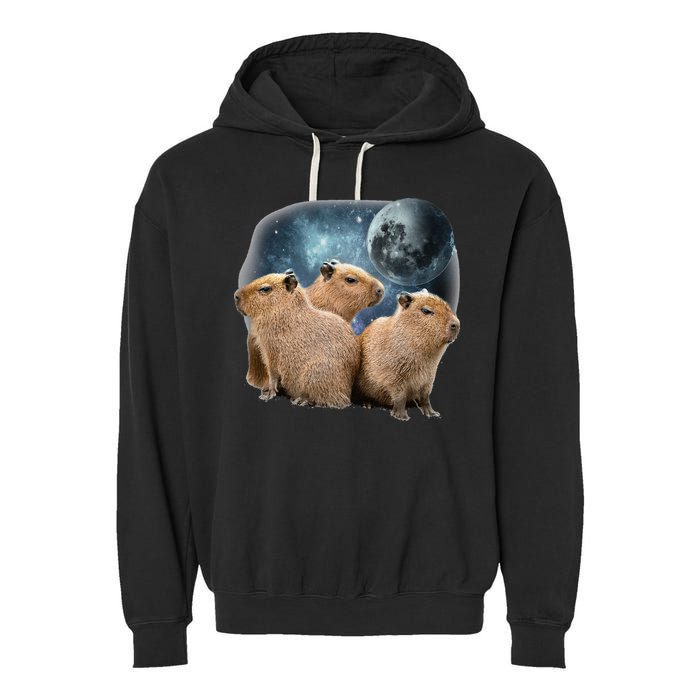 Three Capybaras And Moon Funny Capybara Humor Parody Garment-Dyed Fleece Hoodie