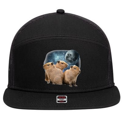 Three Capybaras And Moon Funny Capybara Humor Parody 7 Panel Mesh Trucker Snapback Hat