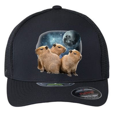 Three Capybaras And Moon Funny Capybara Humor Parody Flexfit Unipanel Trucker Cap
