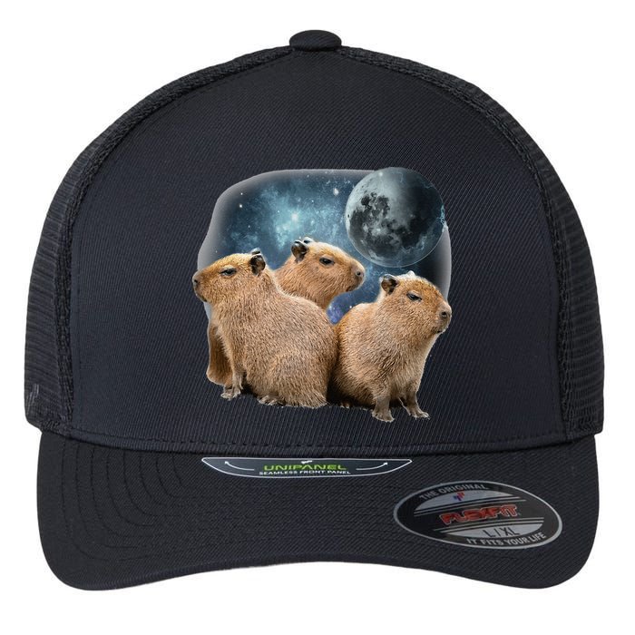 Three Capybaras And Moon Funny Capybara Humor Parody Flexfit Unipanel Trucker Cap