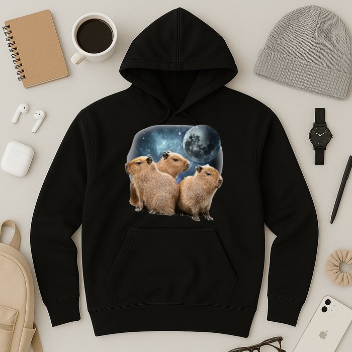 Three Capybaras And Moon Funny Capybara Humor Parody Hoodie