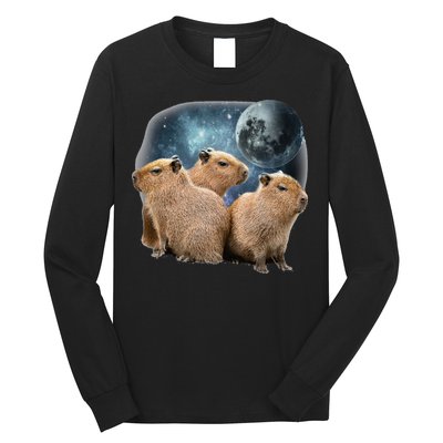 Three Capybaras And Moon Funny Capybara Humor Parody Long Sleeve Shirt