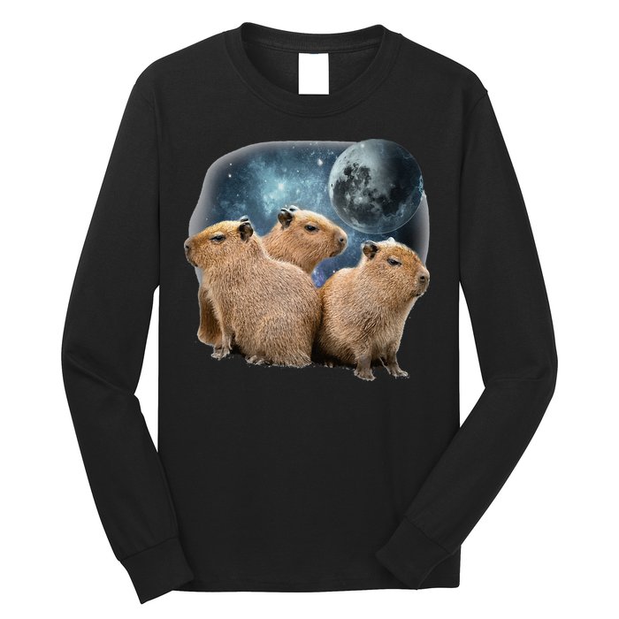 Three Capybaras And Moon Funny Capybara Humor Parody Long Sleeve Shirt