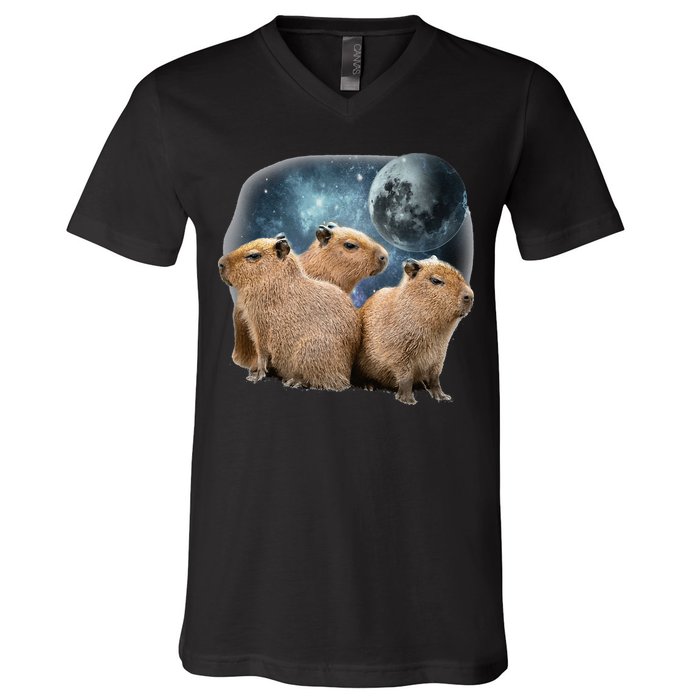 Three Capybaras And Moon Funny Capybara Humor Parody V-Neck T-Shirt