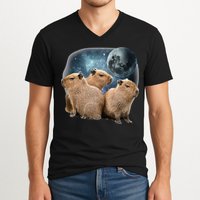 Three Capybaras And Moon Funny Capybara Humor Parody V-Neck T-Shirt