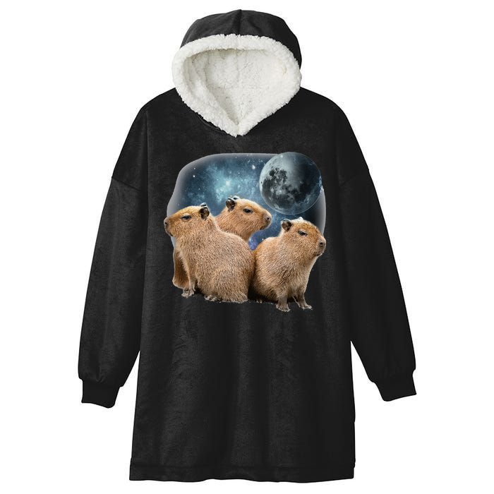 Three Capybaras And Moon Funny Capybara Humor Parody Hooded Wearable Blanket
