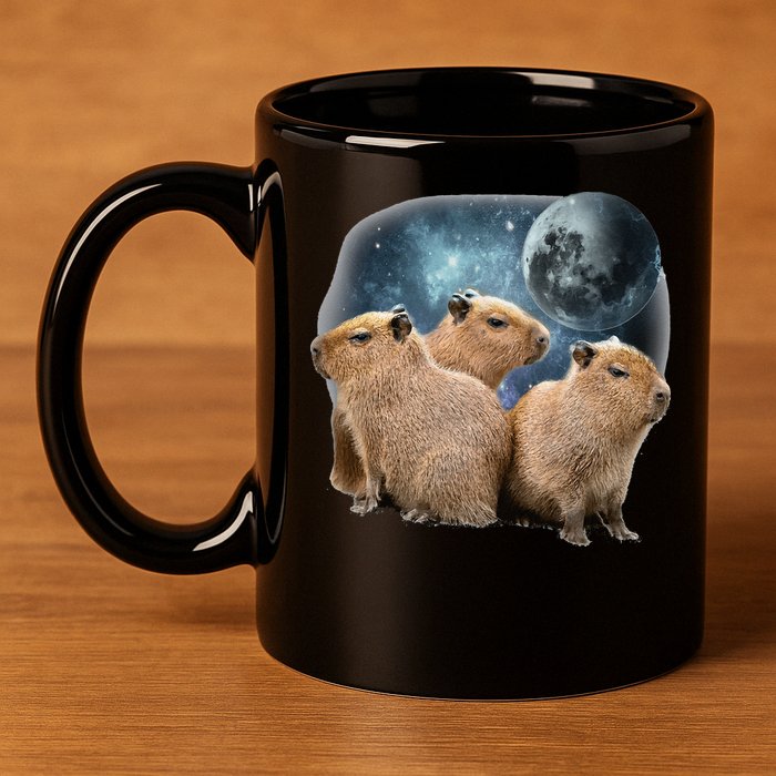 Three Capybaras And Moon Funny Capybara Humor Parody 11oz C Handle Ceramic Mug
