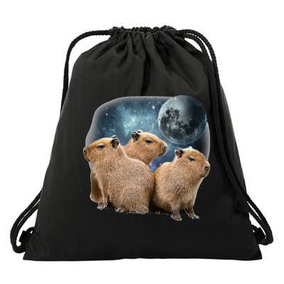 Three Capybaras And Moon Funny Capybara Humor Parody Drawstring Bag