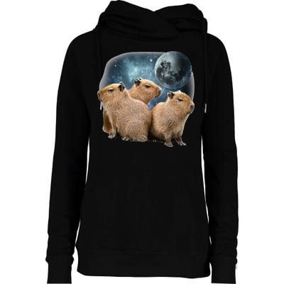 Three Capybaras And Moon Funny Capybara Humor Parody Womens Funnel Neck Pullover Hood