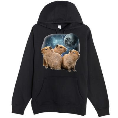 Three Capybaras And Moon Funny Capybara Humor Parody Premium Pullover Hoodie