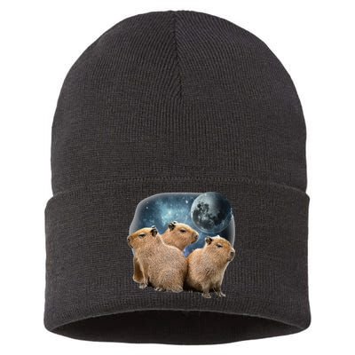 Three Capybaras And Moon Funny Capybara Humor Parody Sustainable Knit Beanie