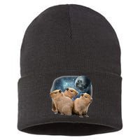 Three Capybaras And Moon Funny Capybara Humor Parody Sustainable Knit Beanie