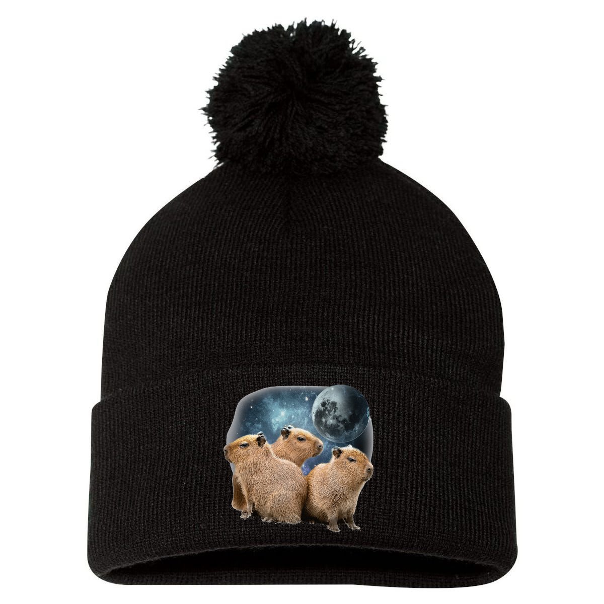 Three Capybaras And Moon Funny Capybara Humor Parody Pom Pom 12in Knit Beanie