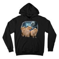 Three Capybaras And Moon Funny Capybara Humor Parody Tall Hoodie