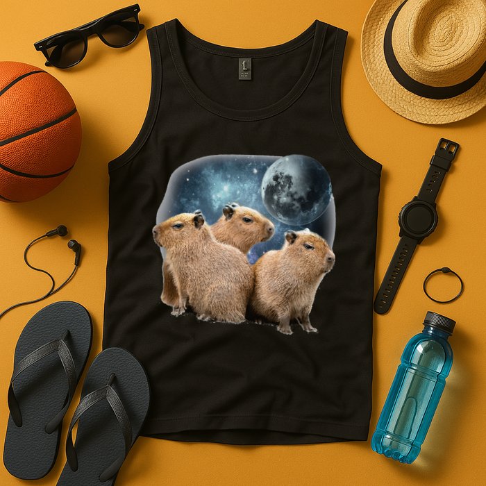 Three Capybaras And Moon Funny Capybara Humor Parody Tank Top