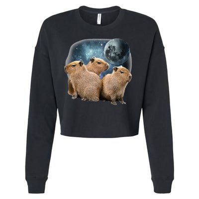 Three Capybaras And Moon Funny Capybara Humor Parody Cropped Pullover Crew