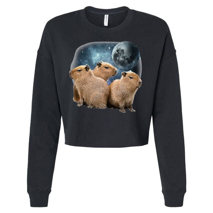 Three Capybaras And Moon Funny Capybara Humor Parody Cropped Pullover Crew
