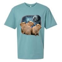 Three Capybaras And Moon Funny Capybara Humor Parody Sueded Cloud Jersey T-Shirt