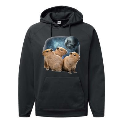 Three Capybaras And Moon Funny Capybara Humor Parody Performance Fleece Hoodie